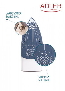Adler - Fier de de calcat cu auto curatare, talpa ceramica, anti-picurare, filtru anti-calcar, AD 5030
