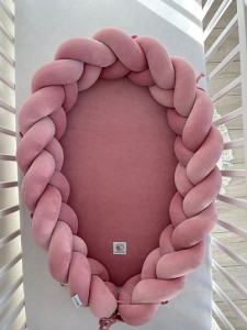 Babynest 2in1 pentru copii, cu margini impletite, din bumbac catifelat, Sparrow Velvet, Dusty Pink