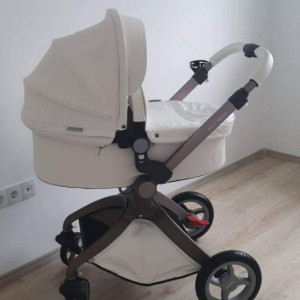 Carucior Copii Hot Mom Premium 2 in 1 Alb, varsta intre 0 si 36 luni, compus din Cadru, Landou si Modul Sport, Pernita Albastra