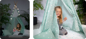 Cort de joaca pentru copii, Ricokids, Star Mint, cu fereastra, 3 perne, lumini, 120x120x165 cm