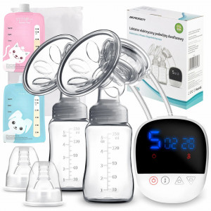 Pompa electrica de san, dubla, bifazata, Berdsen, BL-906, cu baterii, modul de stimulare, aspirare si functie masaj, 2 sticle, 150 ml, 2 pungi depozitare