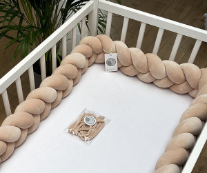 Protectie impletita pentru patut copii, din bumbac catifelat, Sparrow, Velvet Warm Beige, 200 cm