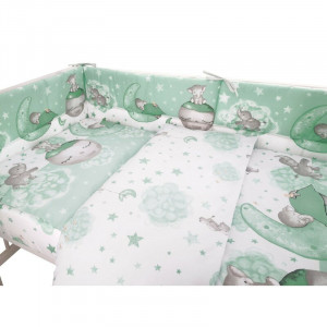 Qmini - Lenjerie patut pentru copii, 3 piese, Cu protectie laterala, Elephant Mint, Din bumbac, Pentru patut 120x60 cm