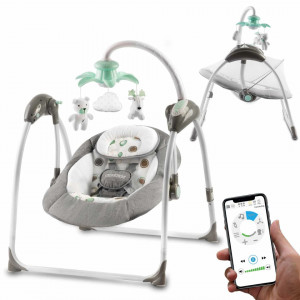 Ricokids - Leagan electric inteligent pentru copii, USB, Aplicatie Swing Control, Senzor pentru Plans, Temporizator, 8 viteze de leganare, 12 melodii, Carusel, Alimentare priza si baterii, Premium, Grey