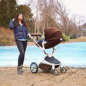 Set 4 in 1 - Carucior Hot Mom 360 Coffe 2 in 1 + Scoica auto Joie Gemm Foggy Grey, 0-13kg + Baza isofix i-Base