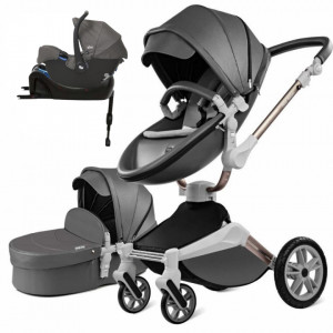 Set 4 in 1 - Carucior Hot Mom 360 Dark-Grey 2 in 1 + Scoica auto Joie Gemm Foggy Grey, 0-13kg + Baza isofix i-Base