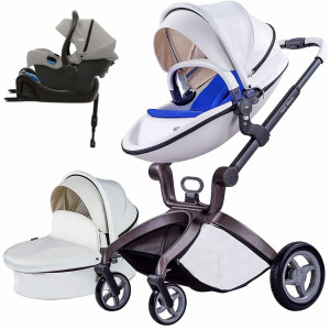 Set 4 in 1 - Carucior Hot Mom Premium Alb 2 in 1, pernita albastra + Scoica auto Joie i-Size i-Gemm 2 Pebble + Baza isofix i-Base