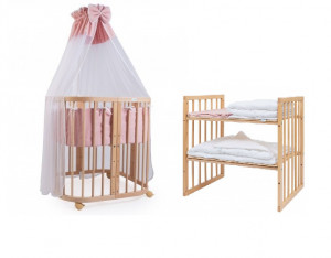 Set Patut Rotund Evolutiv pentru Copii, Multifunctional, 7in1, cu Saltele, Baldachin, Lenjerie si Aparatori Laterale, Transformabil, Masa de Schimbat, Co-Sleeping, Tarc de Joaca, Birou, Scaune, Waldin, Natural, Echipament Roz, 77