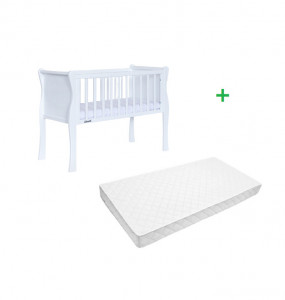 Set Patut suplimentar pentru copii, 90 x 40 cm, din lemn de pin, laterale MDF, Woodies Safe Dreams, Noble Crib, Alb + Saltea pentru patut copii, husa cu fermoar, detasabila, Mykids, Cocos, Confort II, 90 x 40 x 8 cm
