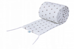 Waldin - Set Patut Rotund Evolutiv 7in1 Alb, Saltele Incluse, Transformabil, Co-Sleeping + Baldachin, Lenjerie si Aparatori albe cu stelute gri