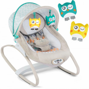 Balansoar pentru copii, de la nastere, cu vibratii si melodii, copertina, bara cu jucarii, Ricokids, 7320, Grey