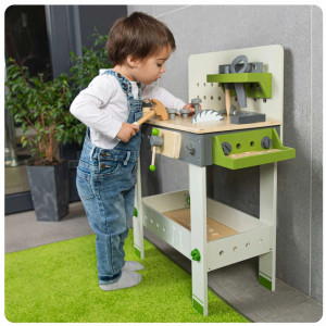 Banc de lucru, atelier de lemn pentru copii, masa cu fierastrau, menghina, scule, accesorii, Ricokids, RC-760