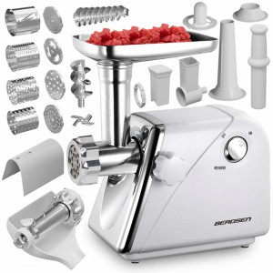 Berdsen - Masina de tocat carne electrica profesionala, 1200W, 1.2 kg/min, accesorii pentru tocat si feliat, BM600, Alba, 30 x 16 x 34 cm