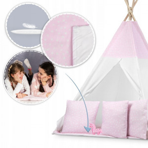 Cort de joaca pentru copii, cu fereastra, Ricokids, Pink Star, 3 perne, lumini, 120x120x165, 740403