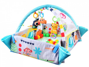 Covoras educational pentru copii, interactiv, multifunctional, 5 in 1, tarc, loc de joaca, cu bile colorate, 106x 97 cm , Jokomisiada, Albastru