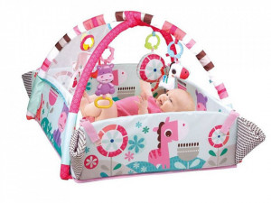 Covoras educational pentru copii, interactiv, multifunctional, 5 in 1, tarc, loc de joaca, cu bile colorate, 106x 97 cm , Jokomisiada, Roz