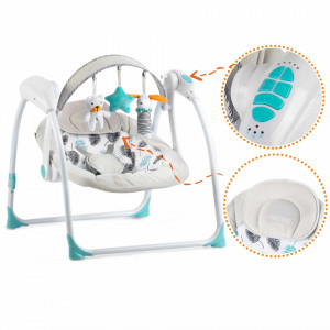 Leagan electric pentru copii, Temporizator, 5 viteze de leganare, 10 melodii, Bara cu jucarii, Alimentare priza si baterii, Ricokids, 7326, Turcoaz