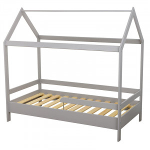 Patut din lemn pentru copii, Babyneeds Montesorri, Casuta, 160x80 cm, Gri