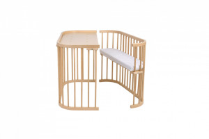 Patut Rotund pentru Copii, Multifunctional, Waldin, 5in1, cu Sistem de Leganare, Saltele Incluse, Co-Sleeper, Tarc de Joaca, Masa si Scaun pentru Activitati, Culoare Lemn Natural