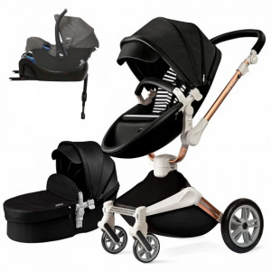 Set 4 in 1 - Carucior Hot Mom 360 Negru 2 in 1 + Scoica auto Joie Gemm Foggy Grey , 0-13kg + Baza isofix i-Base