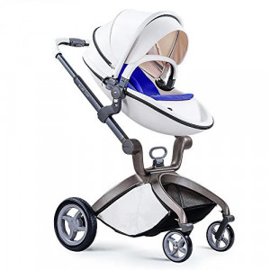 Set 4 in 1 - Carucior Hot Mom Premium Alb 2 in 1, pernita albastra + Scoica auto Joie i-Size i-Gemm 2 Pebble + Baza isofix i-Base
