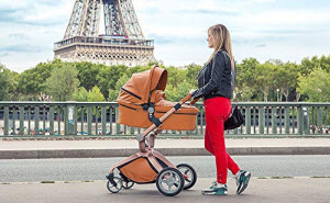 Set 4 in 1 - Carucior Hot Mom Premium Brown 2 in 1 + Scoica auto Joie Gemm Navy Blazer, 0-13kg + Baza isofix i-Base