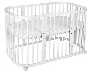 Set Patut Rotund Evolutiv pentru Copii, Multifunctional, 7in1, cu Saltele, Baldachin, Lenjerie si Aparatori Laterale, Transformabil, Masa de Schimbat, Co-Sleeping, Tarc de Joaca, Birou, Scaune, Waldin, Alb, Echipament Roz, 77