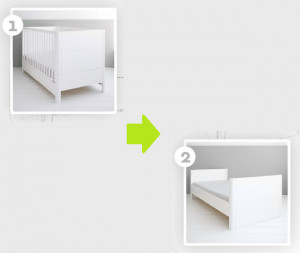 Set Patut Transformabil din Lemn Masiv de Pin, MDF, 140 x 70 cm, pentru copii si junior, 3 trepte de reglare inaltime, 3 lamele detasabile, Woodies Safe Dreams, Smooth, Alb + Saltea pentru patut copii, Mykids, Cocos, Confort II, 140 x 70 x 10 cm