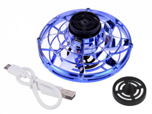Spinner zburator antistres, Flying Gyro, cu functie de bumerang, incarcator USB, lumini LED, Albastru