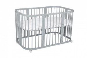 Waldin - Patut Rotund Evolutiv 7in1 Gri, Saltele Incluse, Transformabil, Masa de Schimbat, Co-Sleeping, Tarc de Joaca, Birou, Scaune