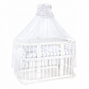 Waldin - Set Patut Rotund Evolutiv 7in1 Alb, Saltele Incluse, Transformabil, Co-Sleeping + Baldachin, Lenjerie si Aparatori albe cu stelute gri