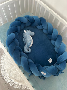 Babynest 2in1 pentru copii, cu margini impletite, din bumbac catifelat, Sparrow Velvet, Blue Petrol