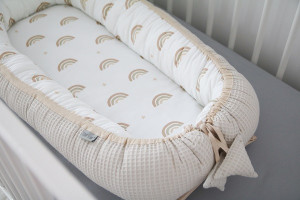 Babynest pentru copii, 80 x 50 cm, ajustabil, portabil, reductor patut, Tiny Star Rainbow & Beige,