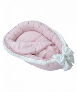 Babynest pentru copii, 86 x 50 cm, Koell, Boho, Roz, cu Ciucuri Scurti, cu Saltea suplimentara
