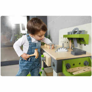 Banc de lucru, atelier de lemn pentru copii, masa cu fierastrau, menghina, scule, accesorii, Ricokids, RC-760