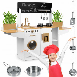 Bucatarie din lemn pentru copii, aragaz, chiuveta, masina de spalat, dozator gheata, tabla de scris, vase, ustensile, Ricokids, RC-836