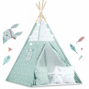 Cort de joaca pentru copii, Ricokids, Star Mint, cu fereastra, 3 perne, lumini, 120x120x165 cm
