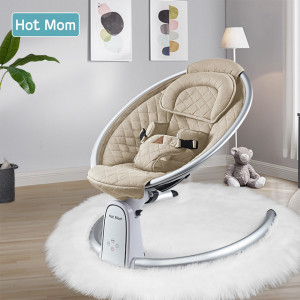 Leagan electric mobil pentru copii, cu Bluetooth, Temporizator, 5 viteze de leganare, Inclinatie reglabila, Scaun bumbac, reglabil, Hot Mom, BB200, Beige