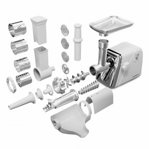 Masina electrica profesionala de tocat carne, Berdsen, 1200W, 1.2 kg/min, accesorii pentru tocat si feliat, BM600, Alba, 30 x 16 x 34 cm