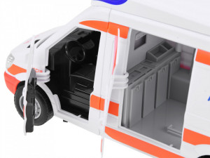 Masinuta de jucarie, Ambulanta, cu lumini si sunete, usa, targa pentru brancardier, 37 cm