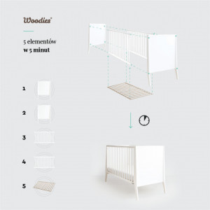 Patut Bebe Din Lemn de Pin Masiv, 120 x 60 cm, Design Impunator, Confortabil, Rezistent, 3 niveluri inaltime saltea, 3 lamele detasabile, protectie theeter, lemn de Pin, MDF, Woodies Safe Dreams, Cot Slim, Alb