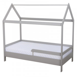 Patut din lemn pentru copii, Babyneeds Montesorri, Casuta, 160x80 cm, Gri