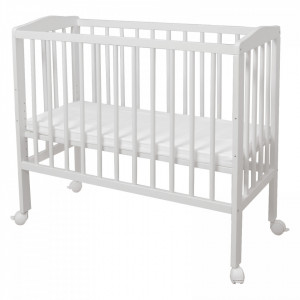 Patut pentru copii 2in1, 90 cm x 55 cm, lemn de fag, vopsea certificata, roti blocabile, laterala detasabila, co-sleeping, Saltea inclusa, Aparatoare laterala din bumbac, Baldacin cu Suport Metalic, Waldin, Equipment, Alb, 8S1