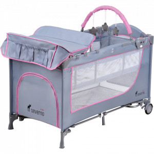 Patut pentru copii, pliabil cu etaj suplimentar, 120 x 60 cm, bara cu jucarii, masa de infasat, plasa de tantari, Severno, Comfort Plus, Grey Pink
