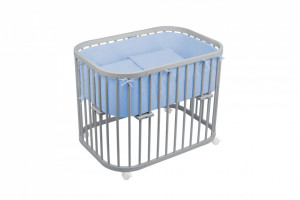 Patut Rotund pentru Copii, Multifunctional, Waldin, 5in1, cu Sistem de Leganare, Saltele Incluse, Co-Sleeper, Tarc de Joaca, Masa si Scaun pentru Activitati, Gri cu Echipament Albastru