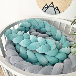 Protectie impletita pentru patut copii, din bumbac catifelat, Sparrow, Velvet Azure, 200 cm
