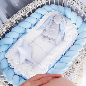 Protectie impletita pentru patut copii, din bumbac catifelat, Sparrow, Velvet Baby Blue, 200 cm