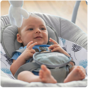 Ricokids - Leagan electric pentru copii, Temporizator, 5 viteze de leganare, 10 melodii, Bara cu jucarii, Alimentare priza si baterii, Turcoaz