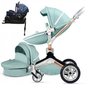 Set 4 in 1 - Carucior Hot Mom 360 Blue 2 in 1 + Scoica auto Joie Gemm Navy Blazer, 0-13kg + Baza isofix i-Base