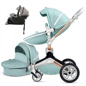 Set 4 in 1 - Carucior Hot Mom 360 Blue 2 in 1 + Scoica auto Joie i-Size i-Gemm 2 Pebble + Baza isofix i-Base